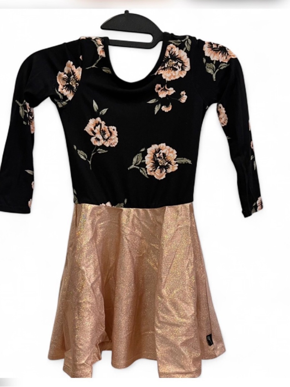 PIXIELANE - Girls Black Floral Dress with Rose Gold Glitter Skirt
